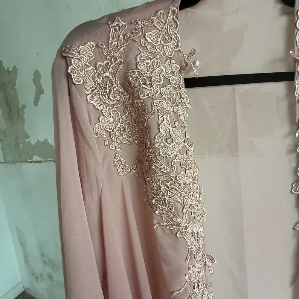 Kimono Robe Duster Long Embroidered‎ Lace Trim Romantic Sheer Blush Pink - Picture 6 of 6